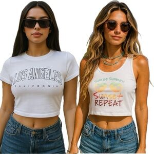 Y2K Crop Top Lot Los Angeles LA Tee Sunset Sunglasses Tank White Cropped Small S